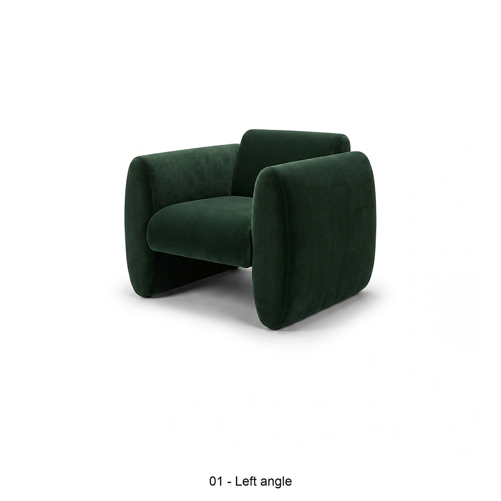 Luca velvet armchair with cylindrical sides by ēclec, left three-quarter view