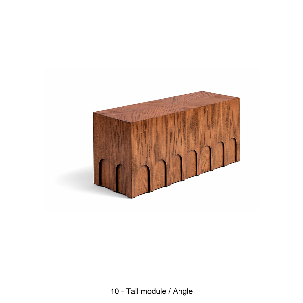 Thumbnail: Cube.E & Cube.F modular wood tables with carved arches by ēclec, tall module angle