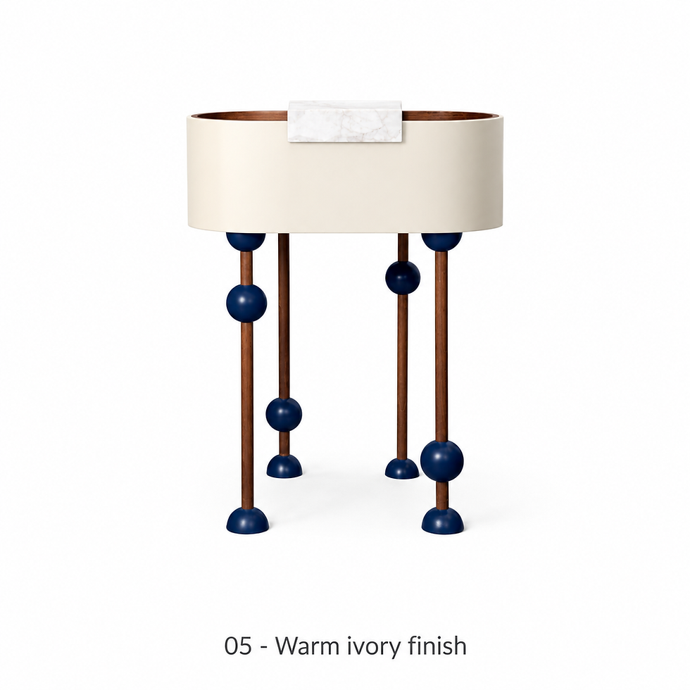 Thumbnail: Oval side table with open storage and a marble top by ēclec, warm ivory finish