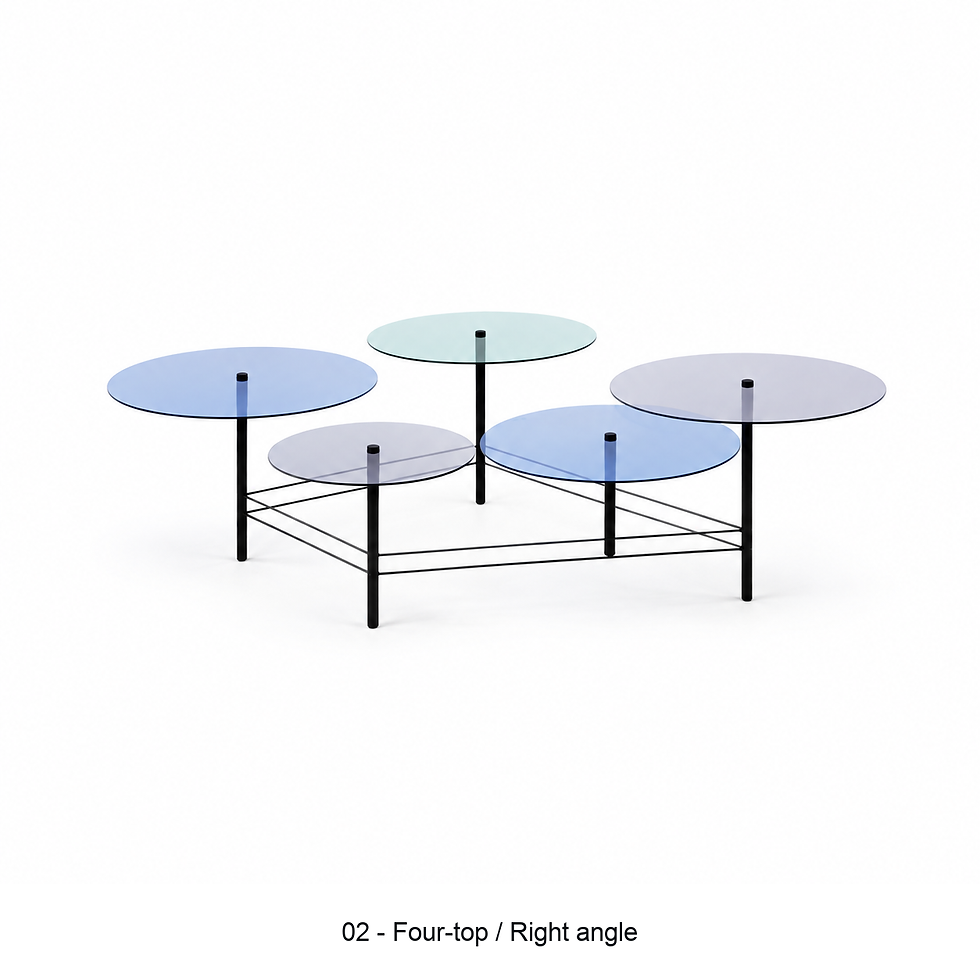 Thumbnail: Candy coffee-table set with staggered glass tops by ēclec, four-top right angle