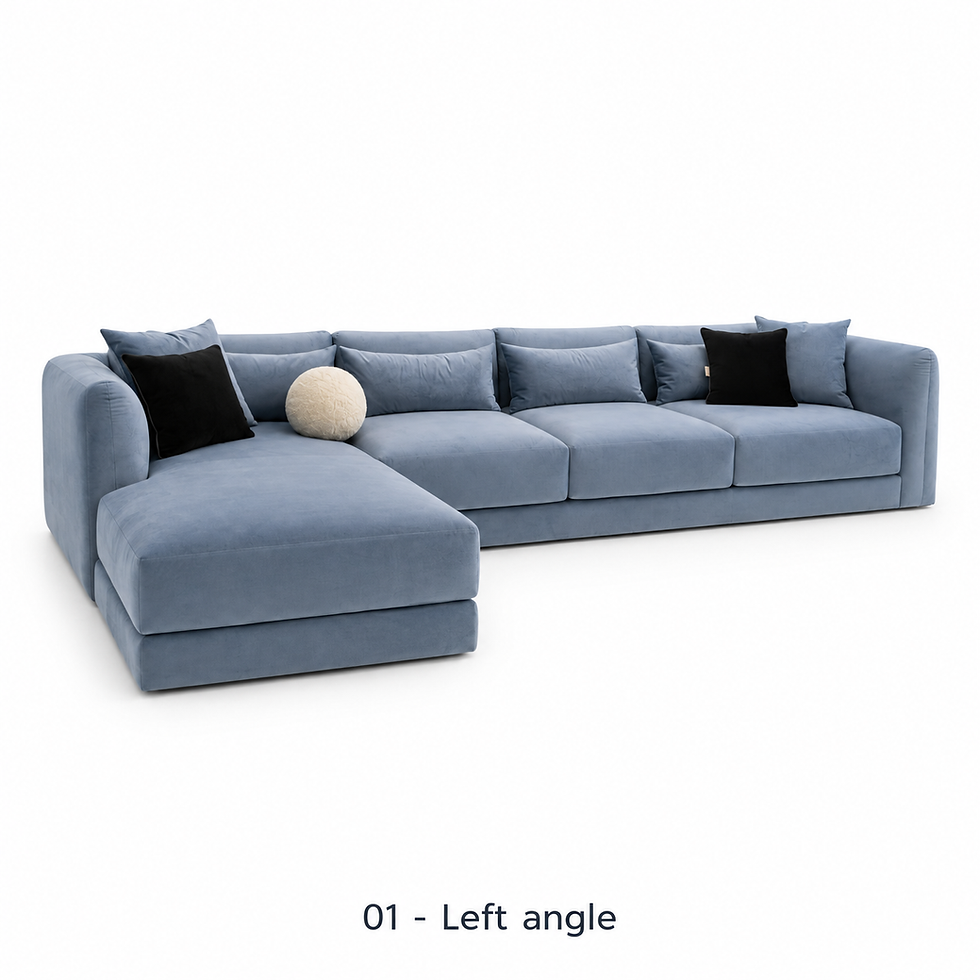 Sky velvet modular sofa by ēclec, left three-quarter view