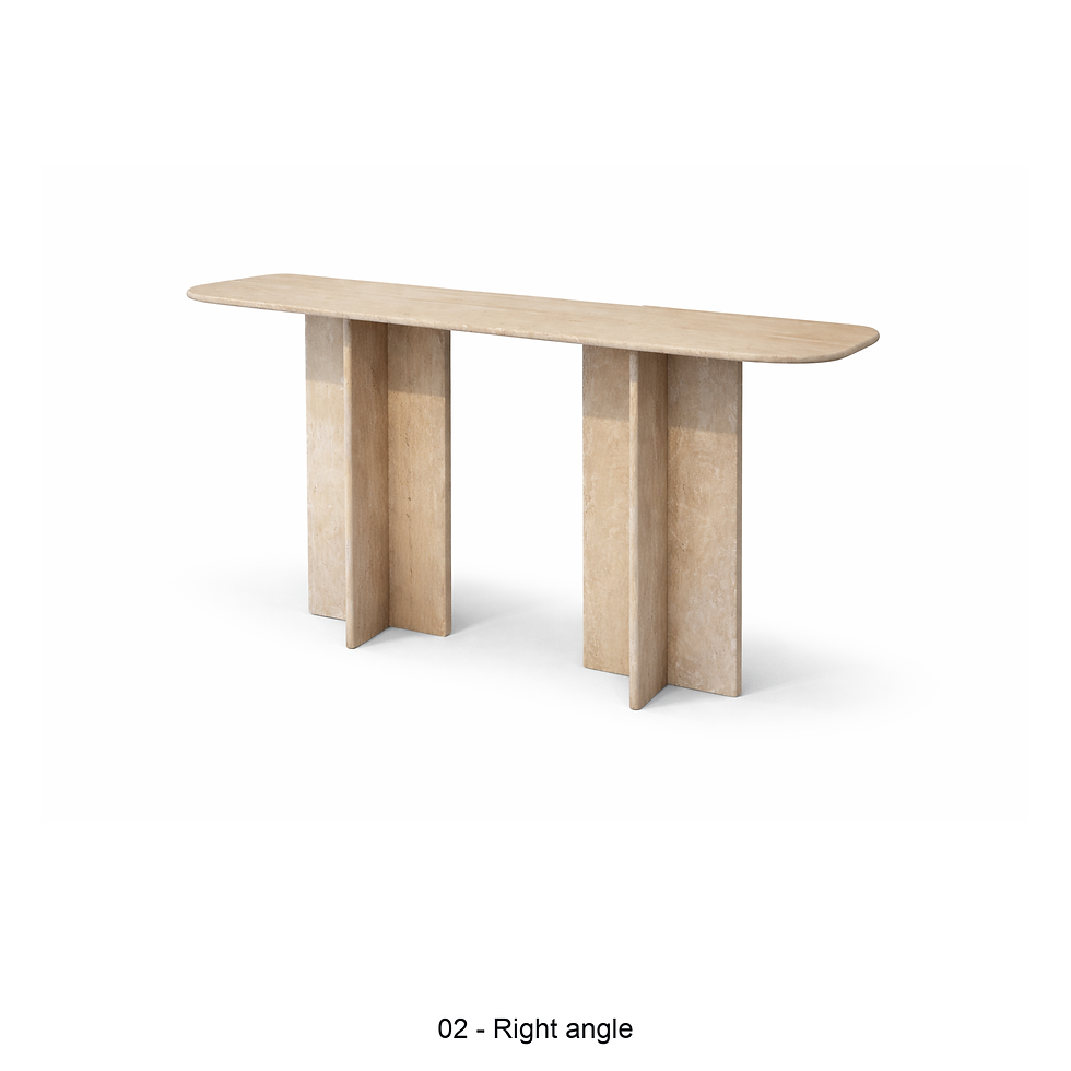 Thumbnail: Terra beige travertine console with slab legs by ēclec, right three-quarter view
