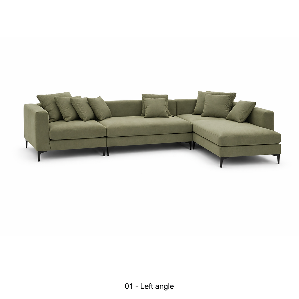 Oliver chaise sofa with slim metal legs by ēclec, left three-quarter view