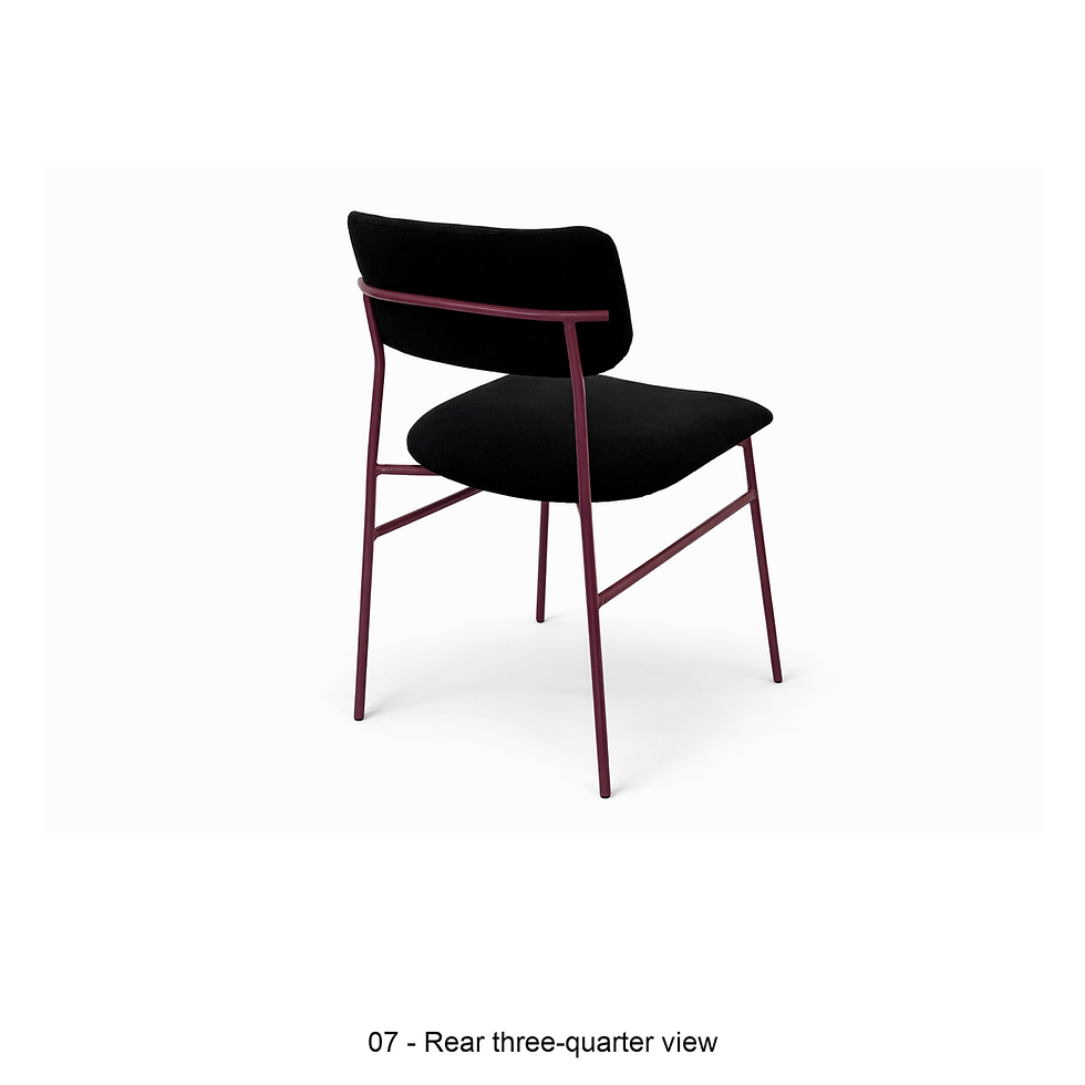 Thumbnail: Roxy dining chair with a sculptural steel frame by ēclec, rear three-quarter view