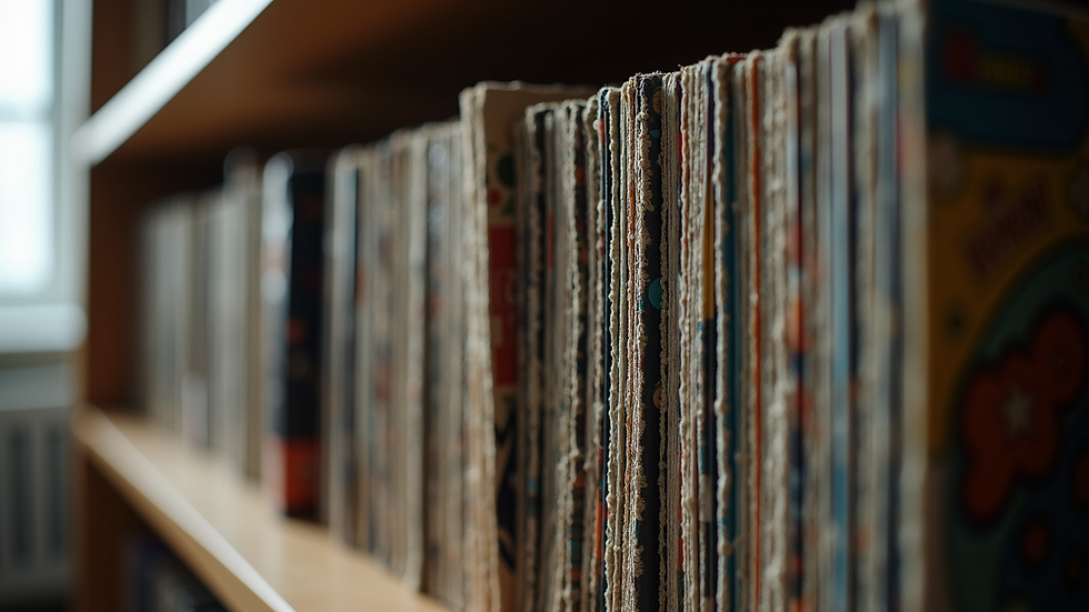 Close-up view of vinyl records stacked on a shelf