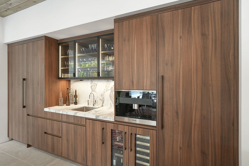 Beautiful pressboard kitchen cabinetry with dark natural tones.