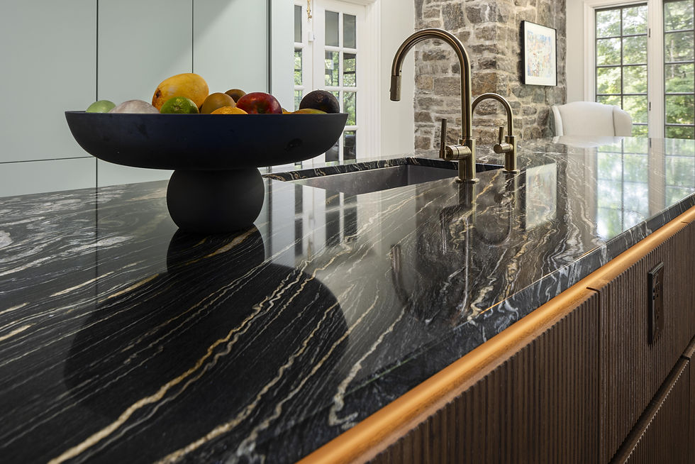 This stunning Scarsdale kitche features jade green LEICHT cabinets, walnut island, and natural stone. A warm family gathering space by LEICHT Westchester.