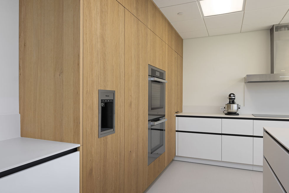 Commercial European savory kitchen for flavor mixing & tastings in Windsor, CT. Features Nimbus cabinets & Dekton Uyuni countertops by LEICHT Westchester.