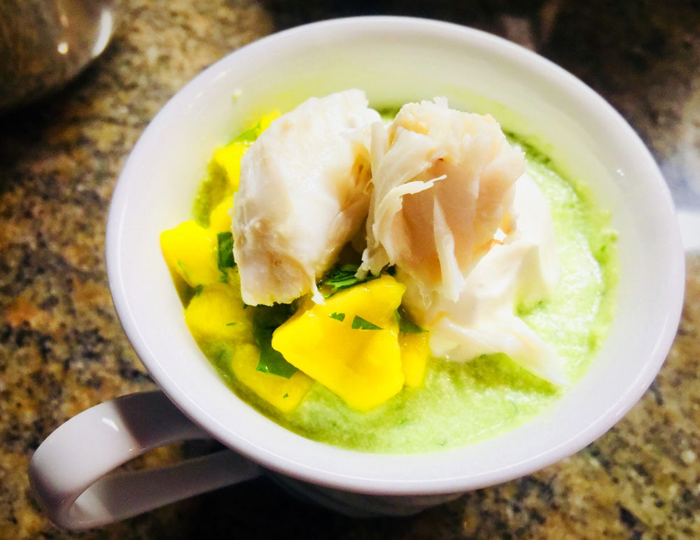 Chilled Jalapeno Avocado Soup with Lump Crabmeat & Mango Salsa