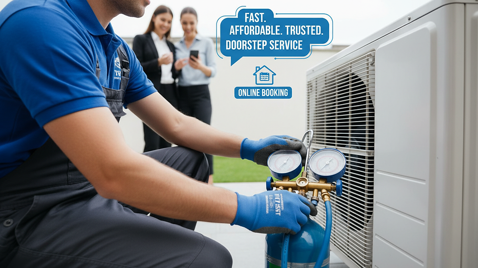 Close-up view of a technician refilling AC gas in a residential air conditioning unit