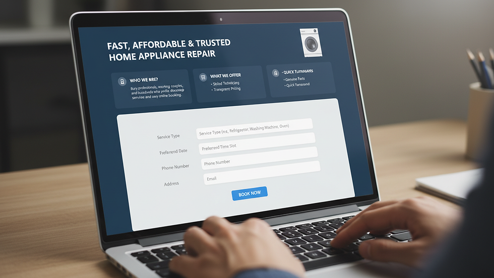 Close-up view of a laptop screen showing an online booking form for home appliance repair