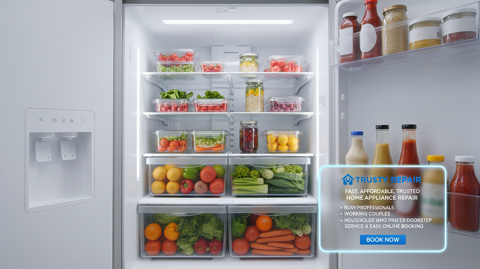 Wide angle view of organized refrigerator interior with fresh food