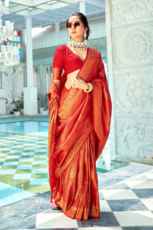 Blood Red & Golden Soft Silk Sarees for Woman Designer Sarees for Wedding