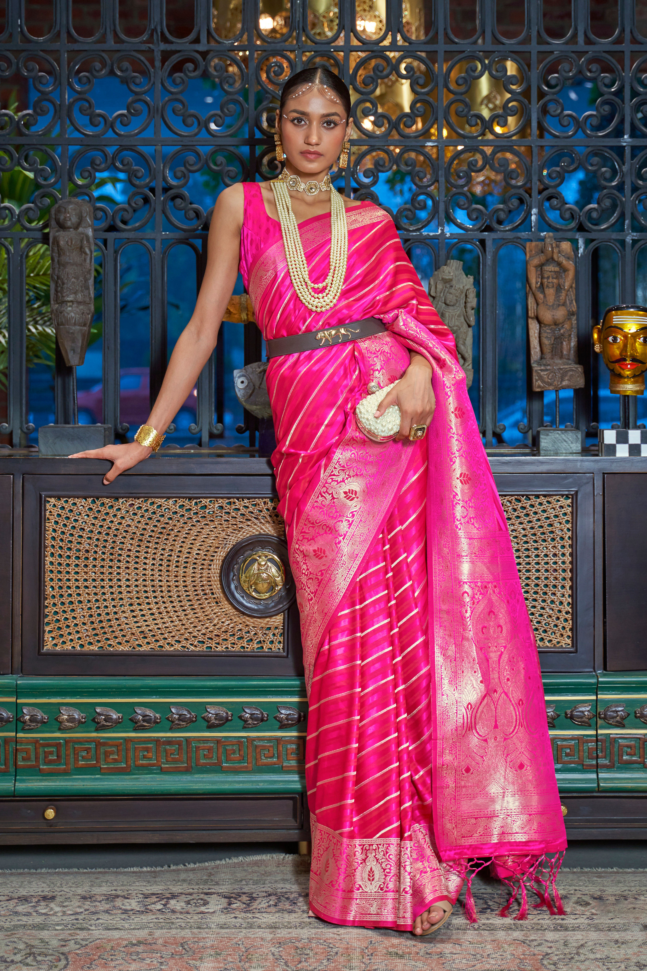 Pink Designer Saree For Women, Bridal Saree, Sarees For Wedding Reception, Banarasi Kashmiri Saree, Silk Sarees, Pethani
