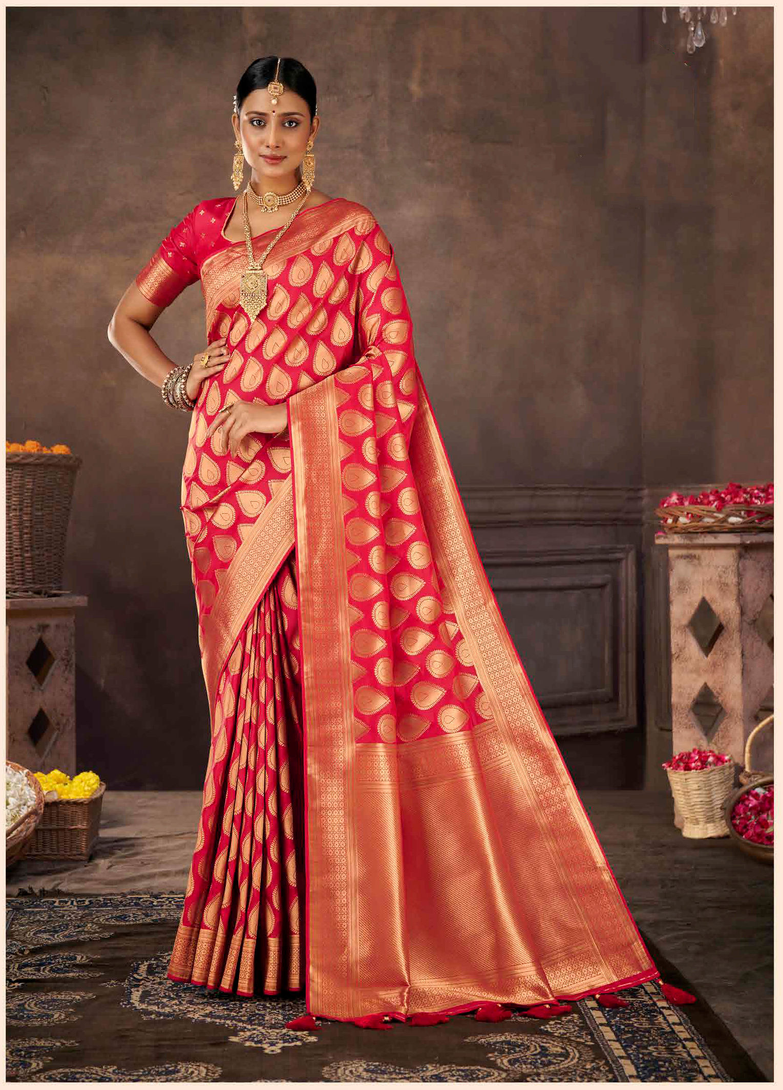Pure Silk Saree Blouse, Kanjeevaram Sarees, Designer Pethani, Pink, Golden, Kashmiri Saree, Ikkat, Ready To Wear, Red