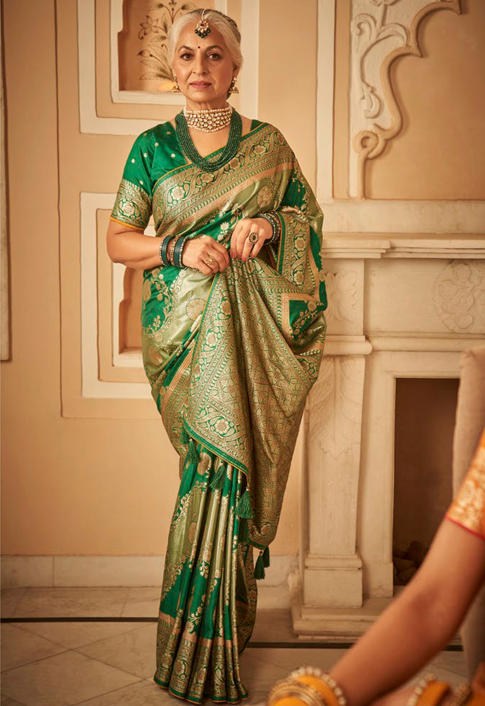 Light Green and Golden Pure Banarasi Silk Saree for Women, Kanjivaram Saree blouse for Bride's Mother, Bridal Saree Blouse