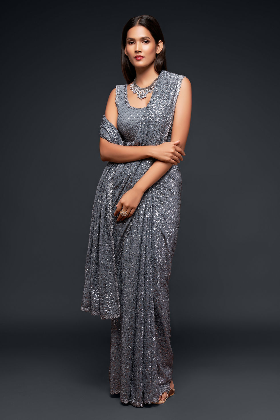 Thumbnail: SILVER Sequin Saree for Women Indian Saree for Wedding Reception Party