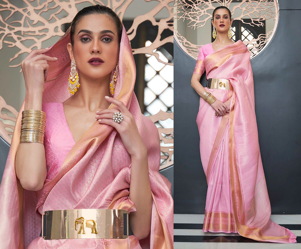 Thumbnail: Golden Pink Blue Beige Satin Zari Kanjeevaram Silk Saree, Paithani Saree, Kashmiri Silk Saree for Women in US,  Saree Blouse