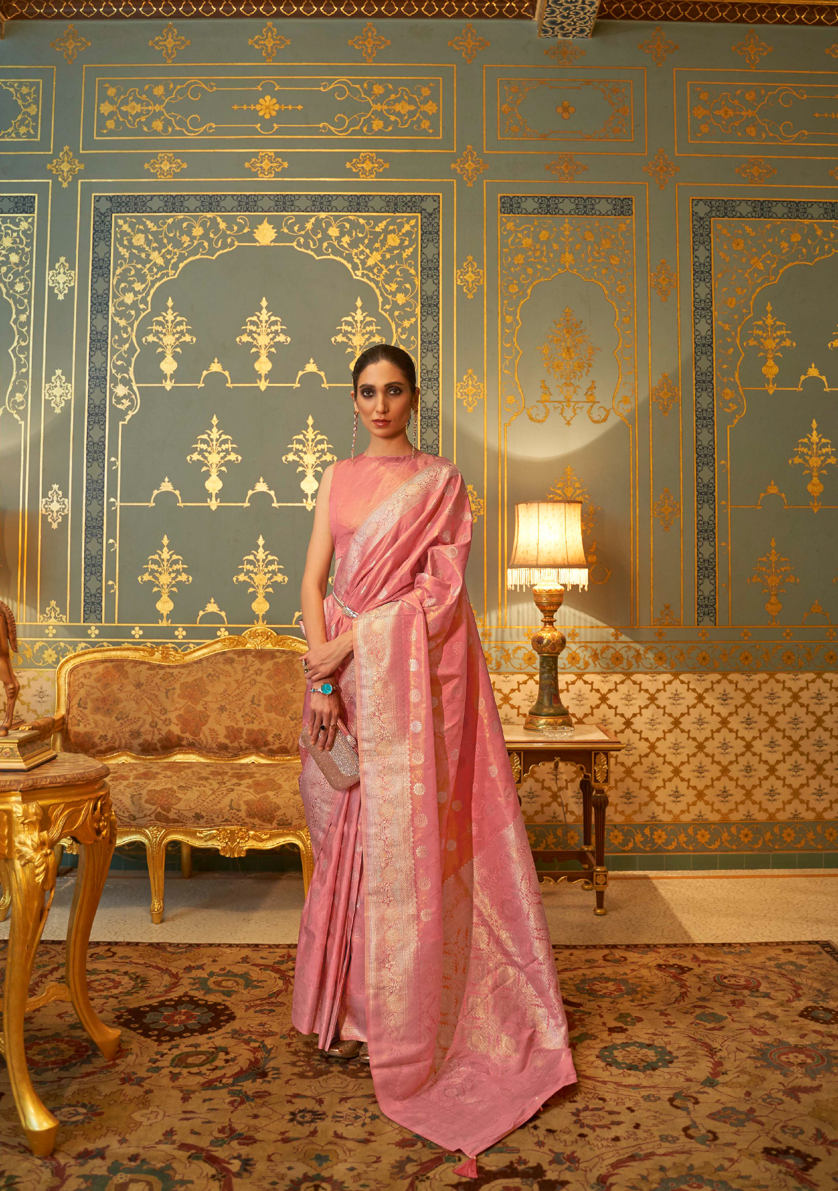 Golden Peach Pink Satin Zari Kanjeevaram Silk Saree for Wedding Reception, Designer Silk Saree for Women in US, Saree Blouse