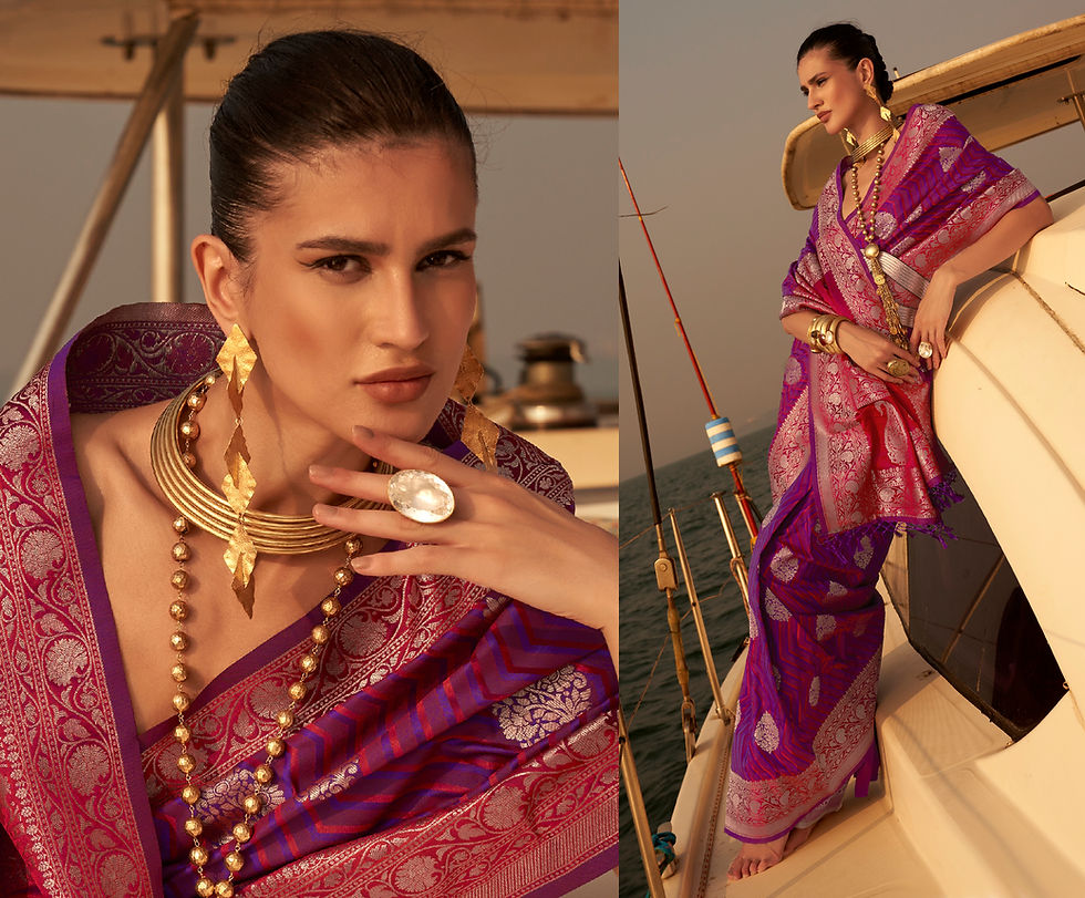 Thumbnail: Golden Purple Pure Satin Silk Saree for Wedding Reception Party, Latest Designer Silk Saree for Women in US,  Saree Blouse