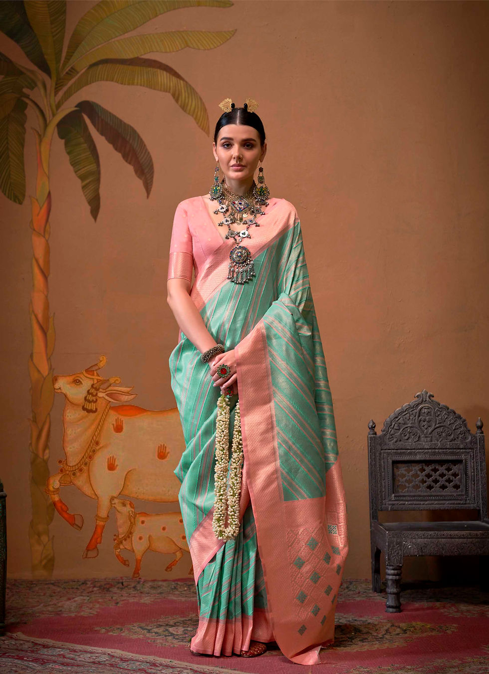 Thumbnail: Turquoise Sari, Rangkaat Banarasi Silk Saree with Blouse, Wedding Saree, Blouse Pattern, Saree in US, Sari