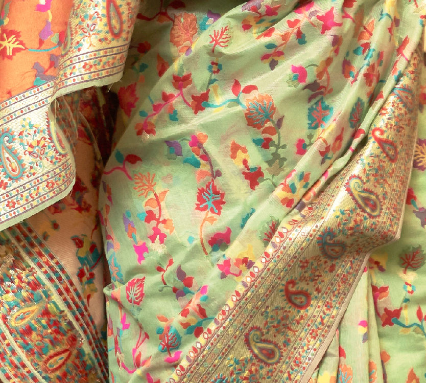 Thumbnail: Green Woven Kashmiri Saree with Kanjivaram Border for Wedding Reception, Paithani Saree Blouse, Latest Saree, Designer Sari