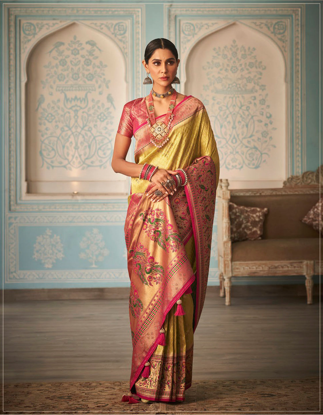 Pure Silk Saree  Blouse, Kanjeevaram Sarees, Designer  Pethani,  Pink, Golden, Kashmiri Saree, Ikkat, Ready To Wear, Red