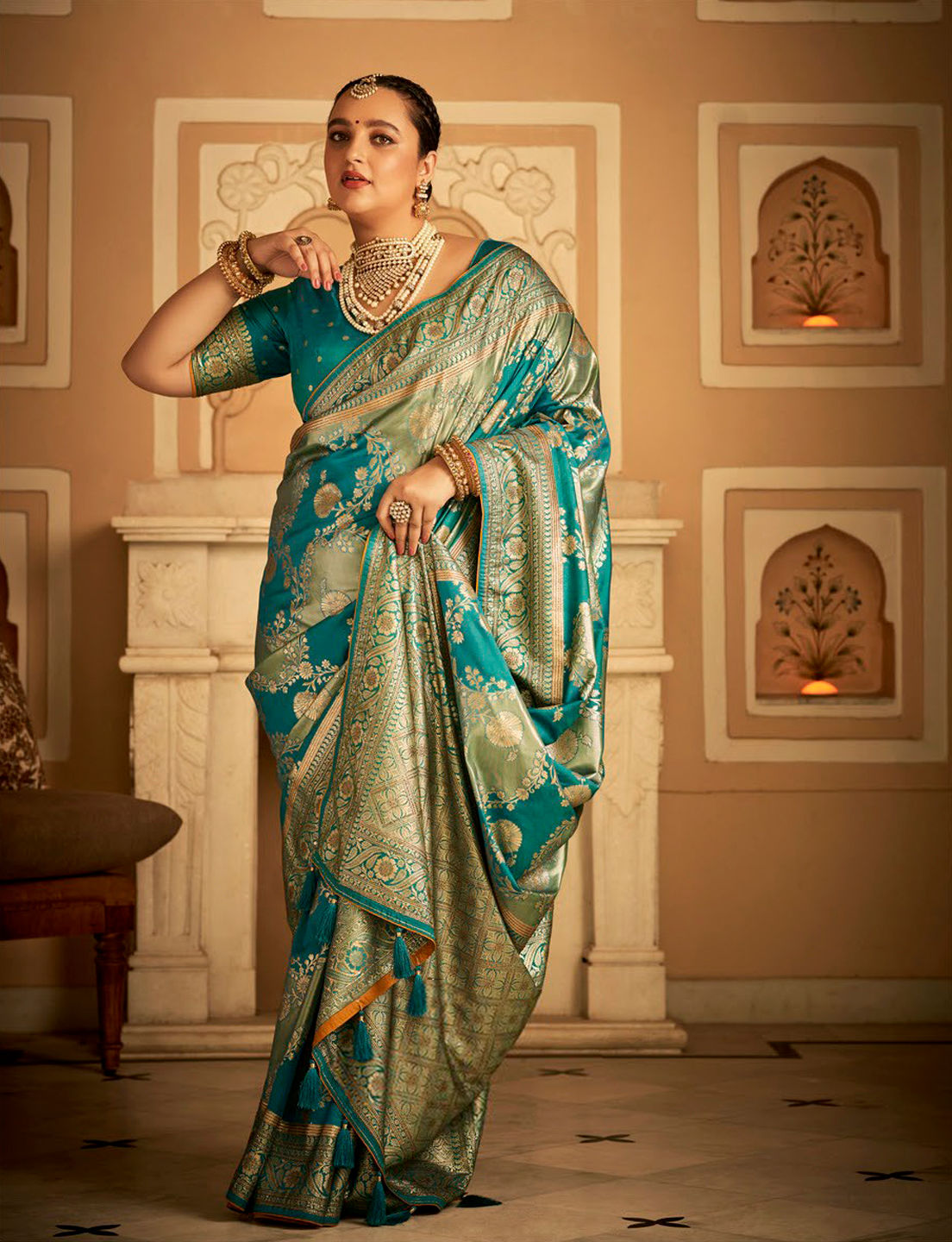 Light Blue and Golden Pure Banarasi Silk Saree for Women, Kanjivaram Saree blouse for Bride's Mother, Bridal Saree Blouse