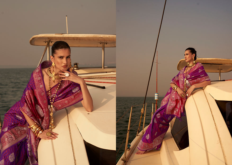 Thumbnail: Golden Purple Pure Satin Silk Saree for Wedding Reception Party, Latest Designer Silk Saree for Women in US,  Saree Blouse