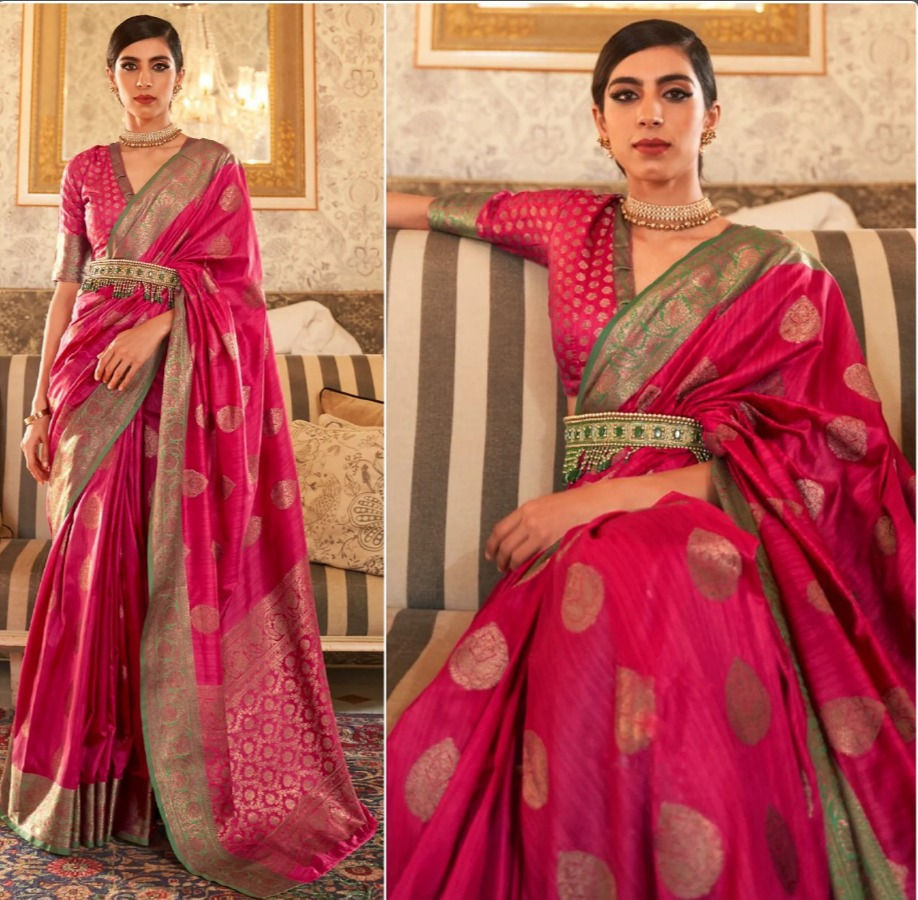 Thumbnail: Ruby Pink Saree Blouse, Sari, Banarasi Silk Saree, Latest Banarasi Saree, Designer Sari, Blouse pattern for silk Sarees, Pink