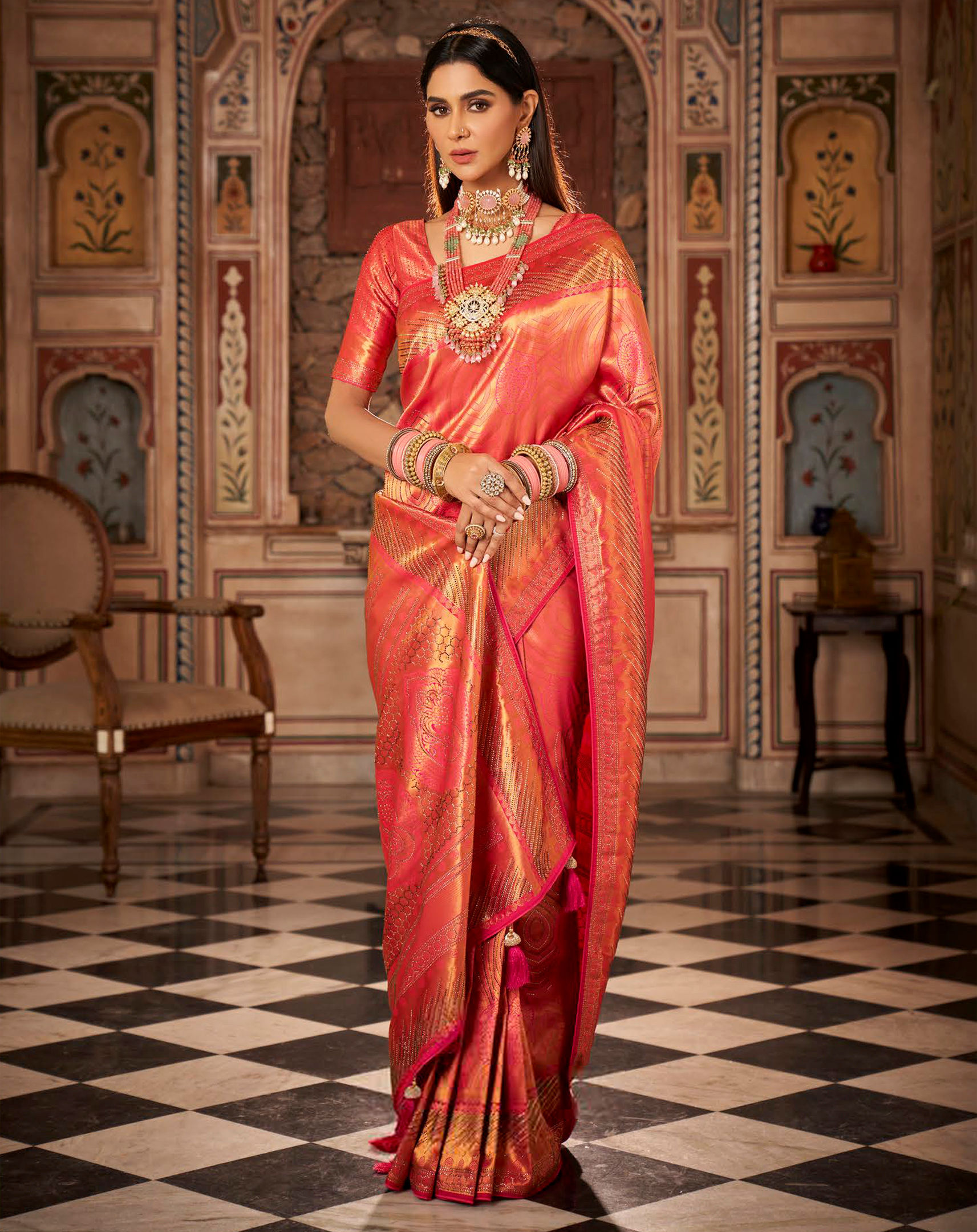 Pure Silk Saree Blouse, Kanjeevaram Sarees, Designer Pethani, Pink, Golden, Kashmiri Saree, Ikkat, Ready To Wear, Red