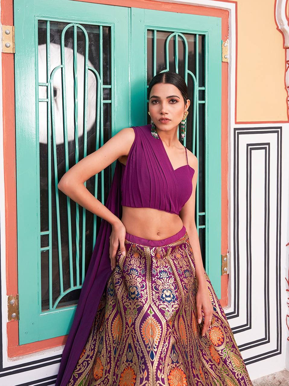 Thumbnail: Multi-colored Banarasi Brocade Indo Western Style Lahenga | TST