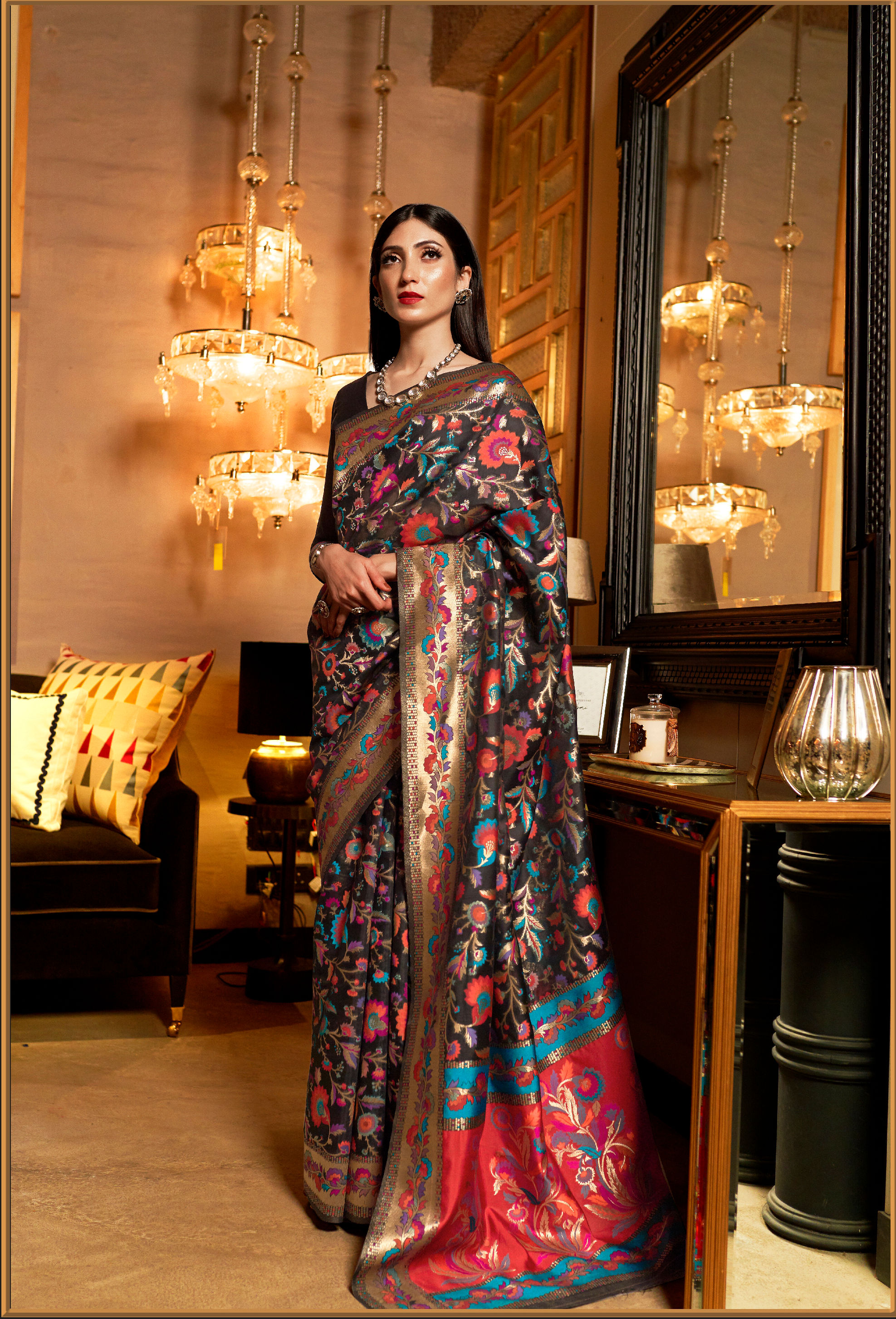 Green Woven Kashmiri Saree with Kanjivaram Border for Wedding Reception, Paithani Saree Blouse, Latest Saree, Designer Sari