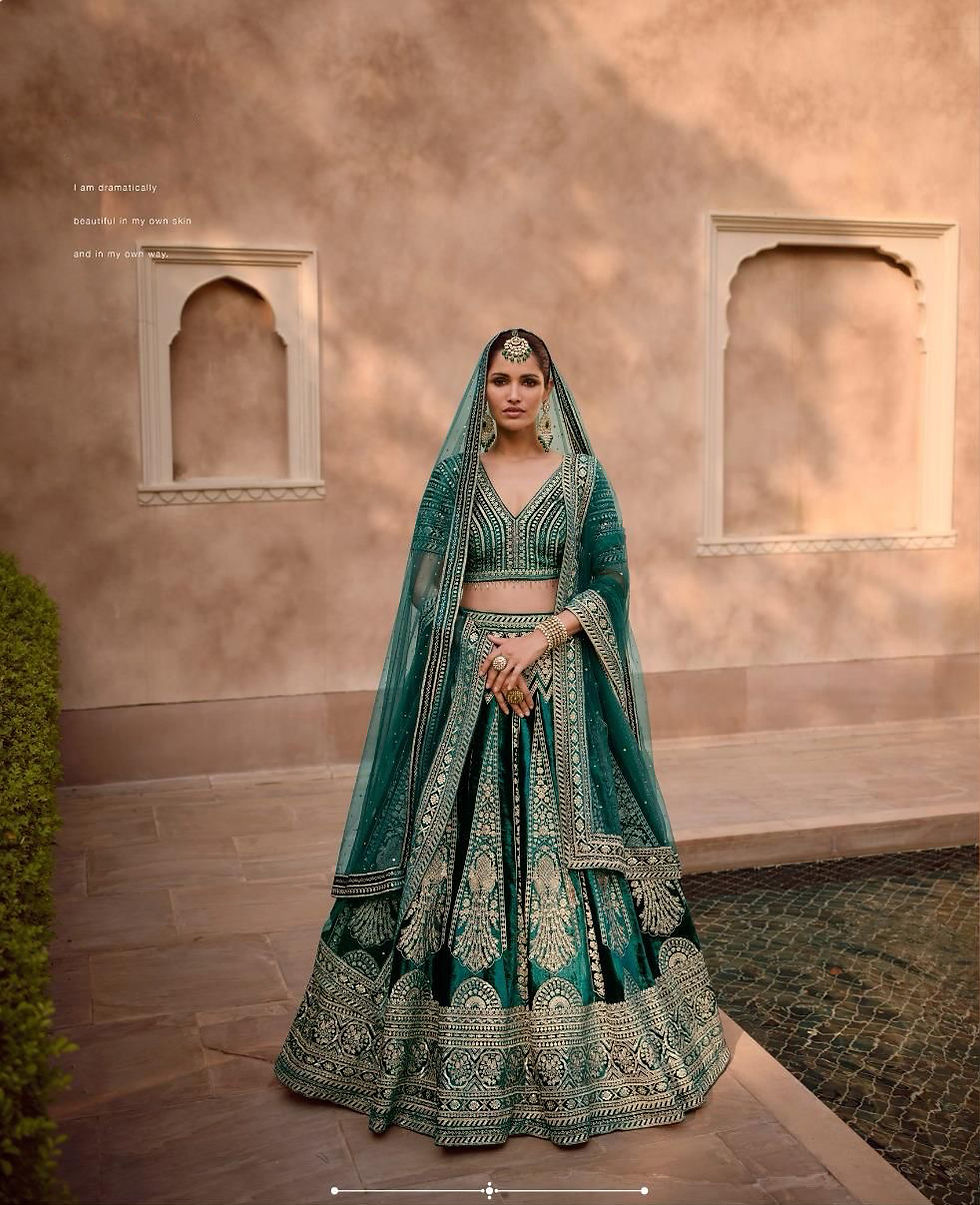 Thumbnail: Deep Green Heritage Designer Lahenga with All Over Embroidery | TST