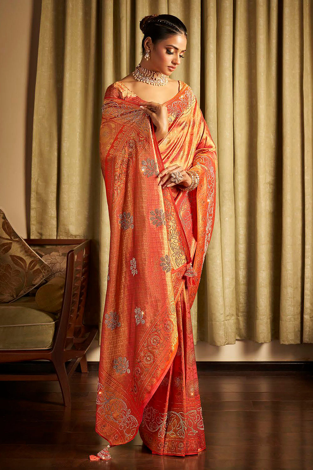 Coral and Golden Pure Kanjivaram Silk Saree for Women, Kanjivaram Saree blouse for Bride's Mother, Bridal Saree Blouse