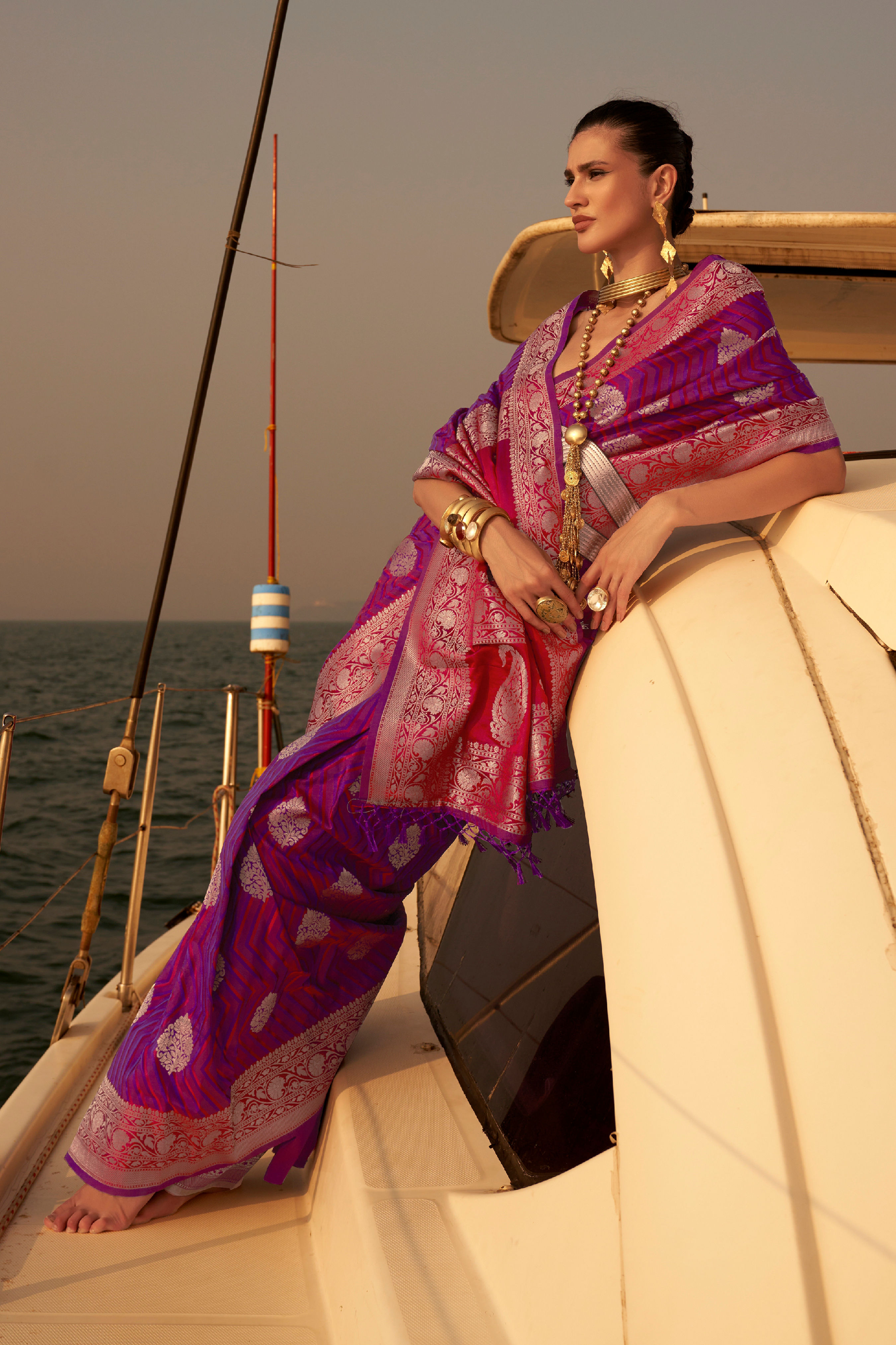 Golden Purple Pure Satin Silk Saree for Wedding Reception Party, Latest Designer Silk Saree for Women in US, Saree Blouse