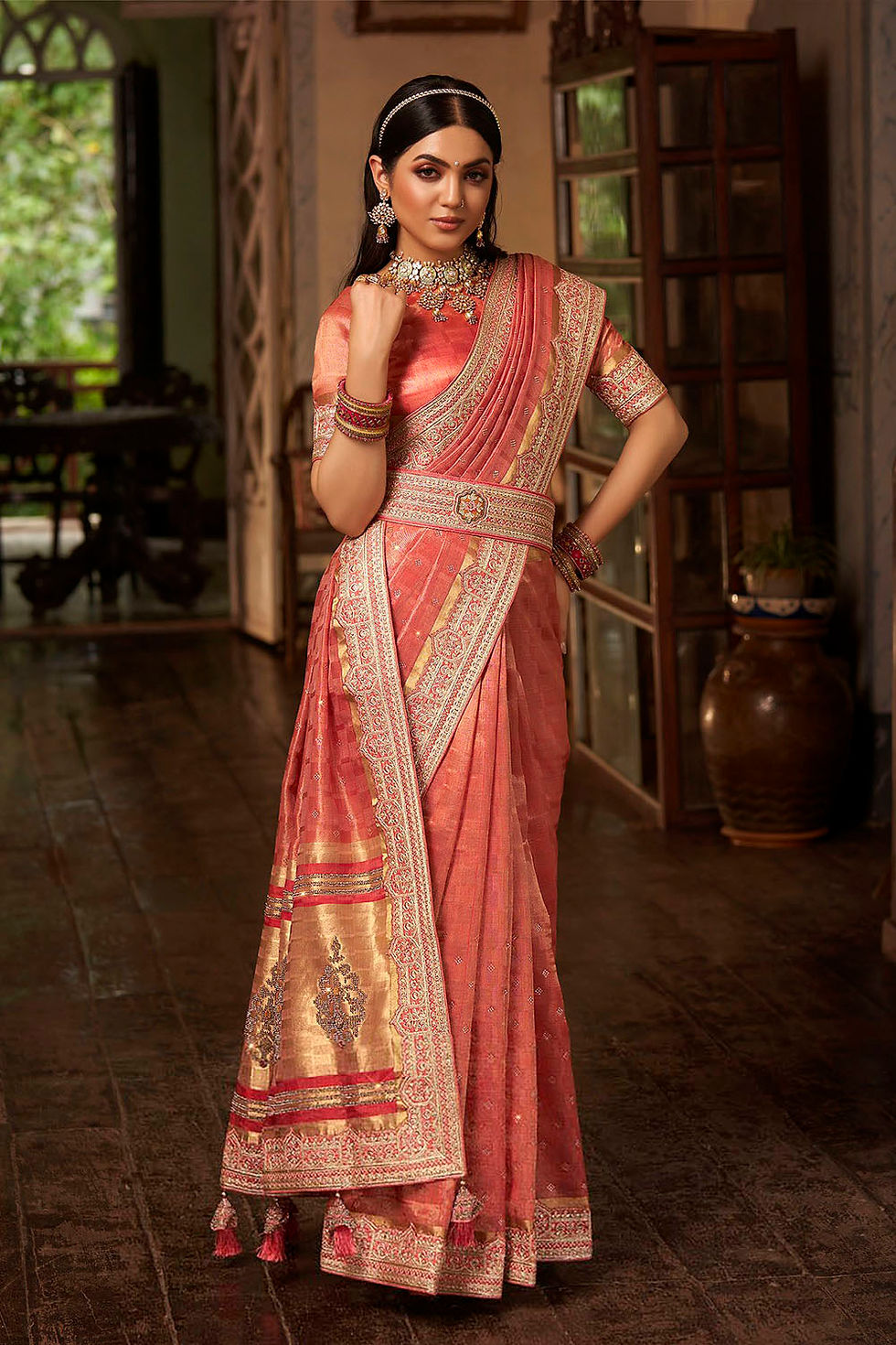 Coral Orang Yellow Designer Saree Blouse, Latest Saree for Women, Trendy Sarees, Bridal Saree, Paithani Saree, Kashmiri Saree