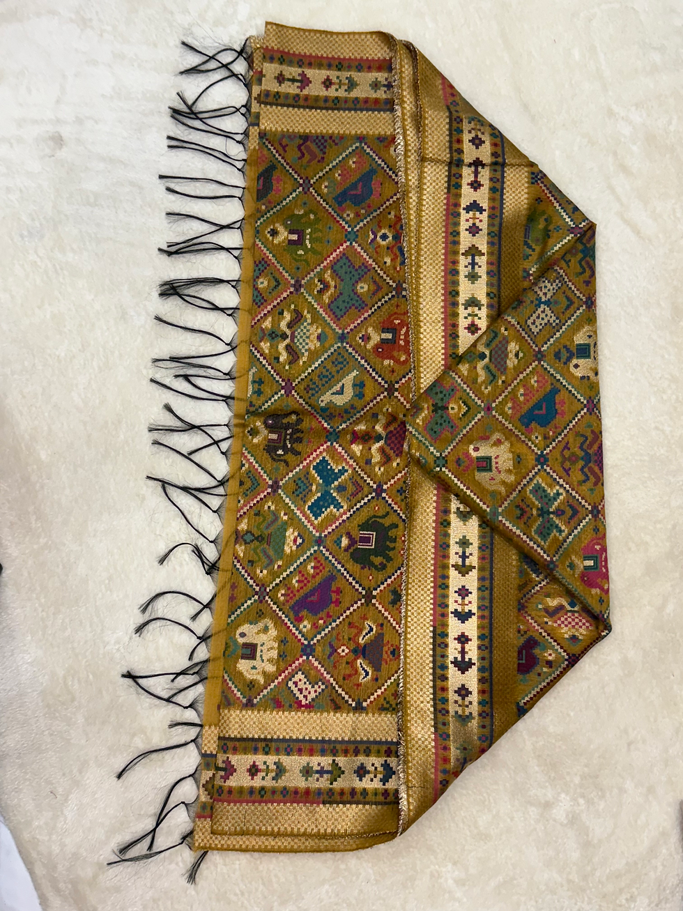 Thumbnail: Mustard Patola Pashmina Woven Designer Kani Silk Handloom Dupatta Stall | TST