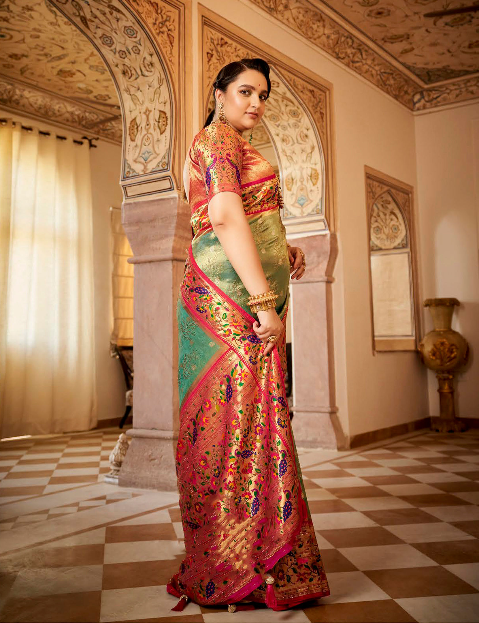 Beautiful Pure Paithani Silk Saree Blouse, Silk Saree with Peacock Boarder