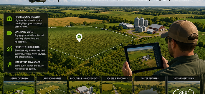 Drone aerial marketing image showcasing a Minnesota agricultural property with farmland, acreage boundaries, farm buildings, road access, water features, and rural property improvements.