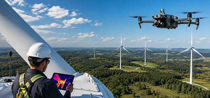 Drone performing wind turbine inspection in Minnesota while a technician reviews thermal imaging data for renewable energy asset monitoring and maintenance.
