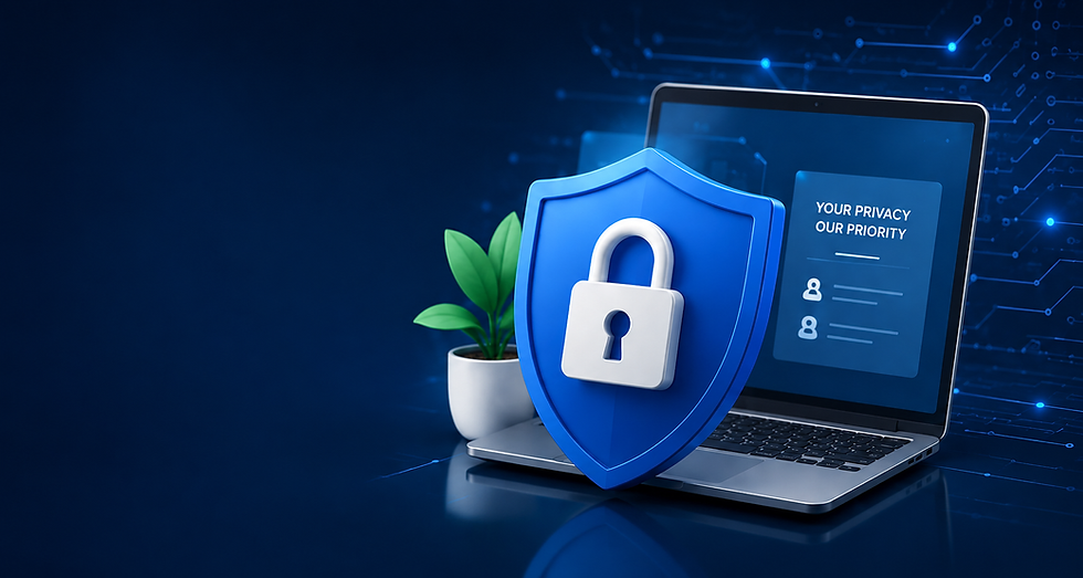 Blue cybersecurity shield and padlock in front of a laptop representing the SkyView Drone Services MN privacy policy, data protection, and secure customer information.