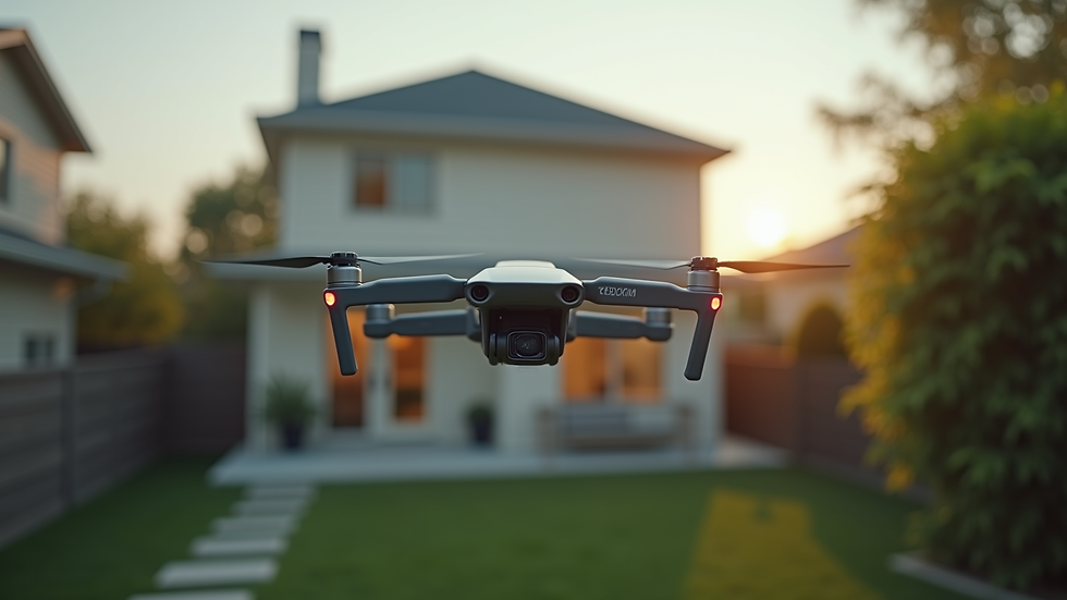 Eye-level view of a drone hovering over a residential backyard