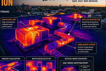 Drone thermal HVAC inspection identifying airflow issues, heat loss, and inefficiencies in rooftop units using infrared imaging technology.