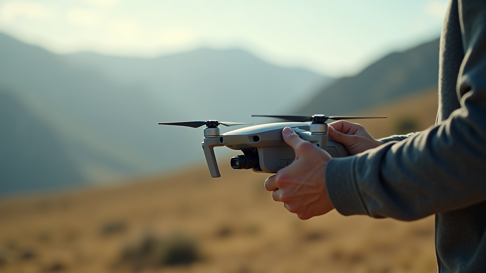 Close-up view of a drone controller with a landscape in the background