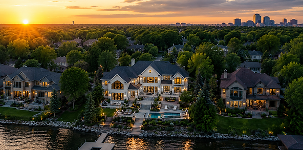 MLS-ready aerial drone image of luxury lakefront homes at sunset in Minnesota with cinematic real estate photography and waterfront properties.