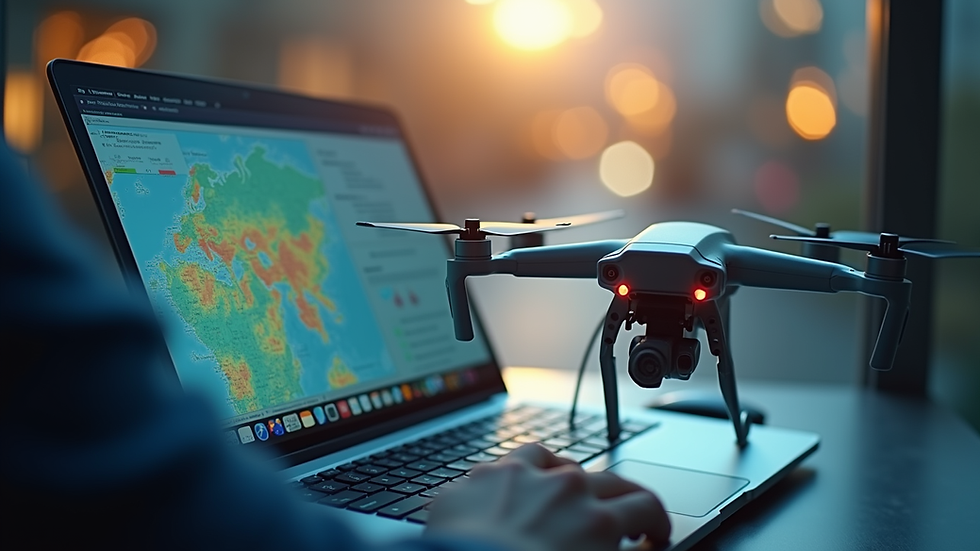 Eye-level view of a drone operator analyzing aerial maps on a laptop