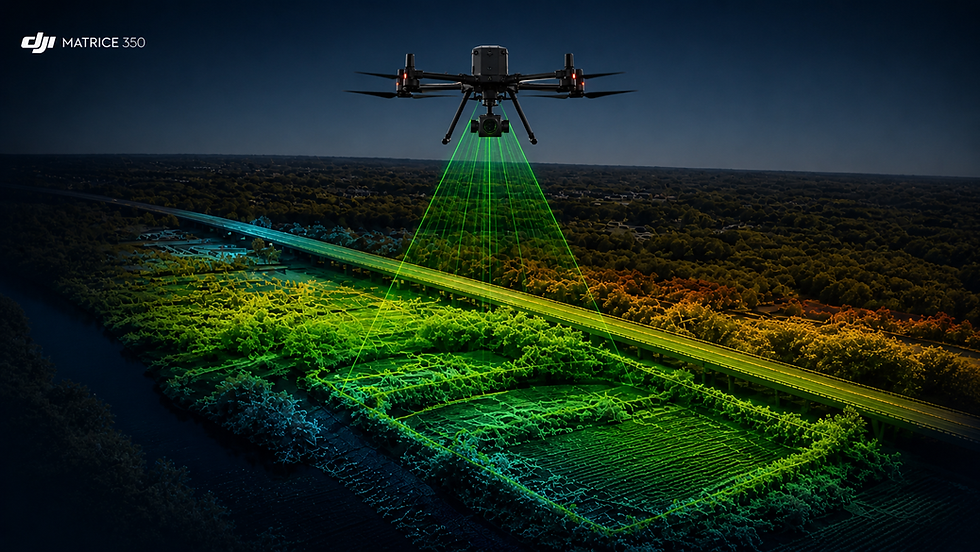 DJI Matrice 350 drone performing LiDAR mapping over terrain with 3D point cloud visualization for land surveying and aerial data analysis in Minnesota