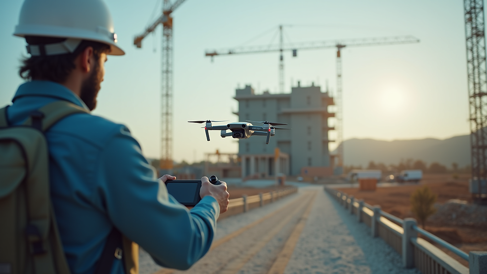 Eye-level view of drone operator controlling drone near construction site