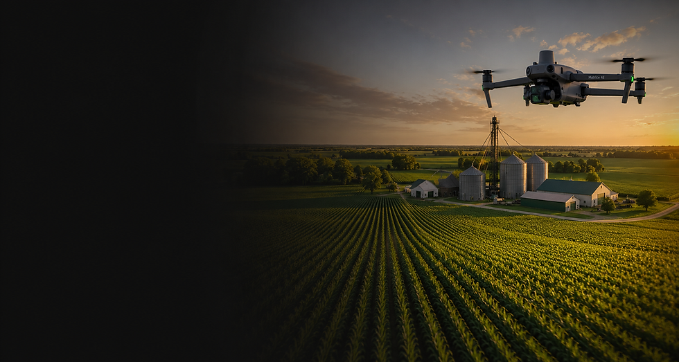 Agricultural drone flying over a Minnesota farm at sunset with crop fields, grain bins, and farm buildings, showcasing precision agriculture and aerial farm monitoring services.